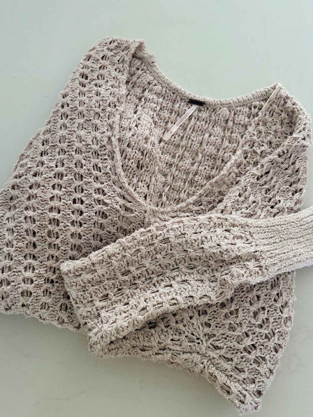 Free People Beige Open-Knit Crochet V-Neck Spouchy Sweater Large